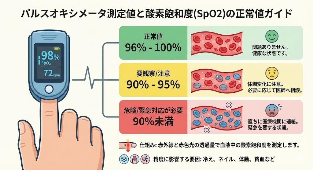 パルスオキシメータ測定値と酸素飽和度の正常値