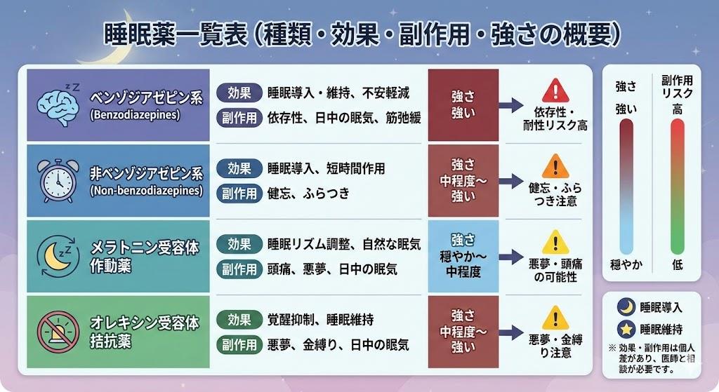 睡眠薬一覧表による種類別効果と副作用と強さ