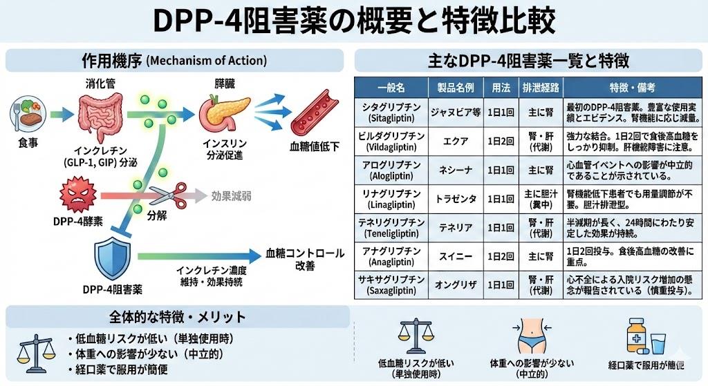 DPP-4阻害薬一覧と作用機序や特徴の比較