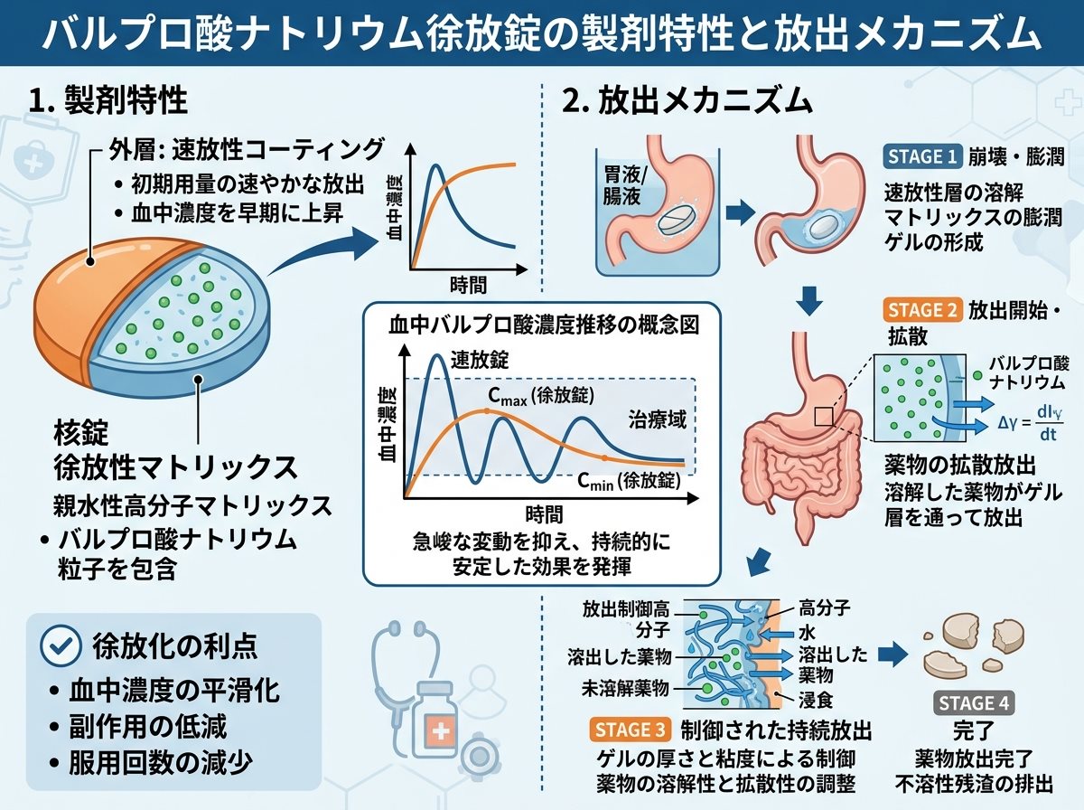 バルプロ酸ナトリウム徐放錠の製剤特性と放出メカニズム