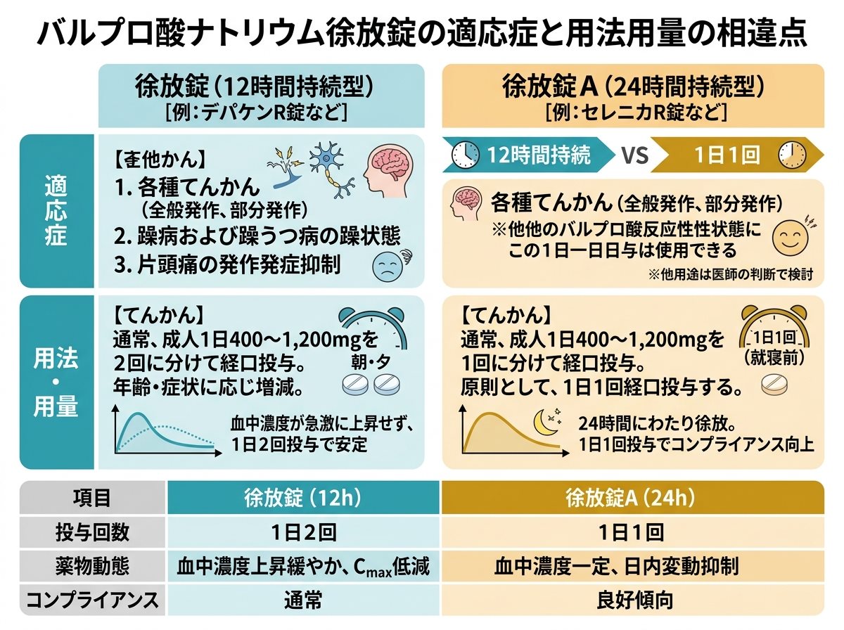 バルプロ酸ナトリウム徐放錠の適応症と用法用量の相違点