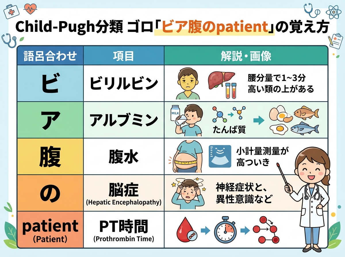 Child-Pugh分類 ゴロ「ビア腹のpatient」の覚え方