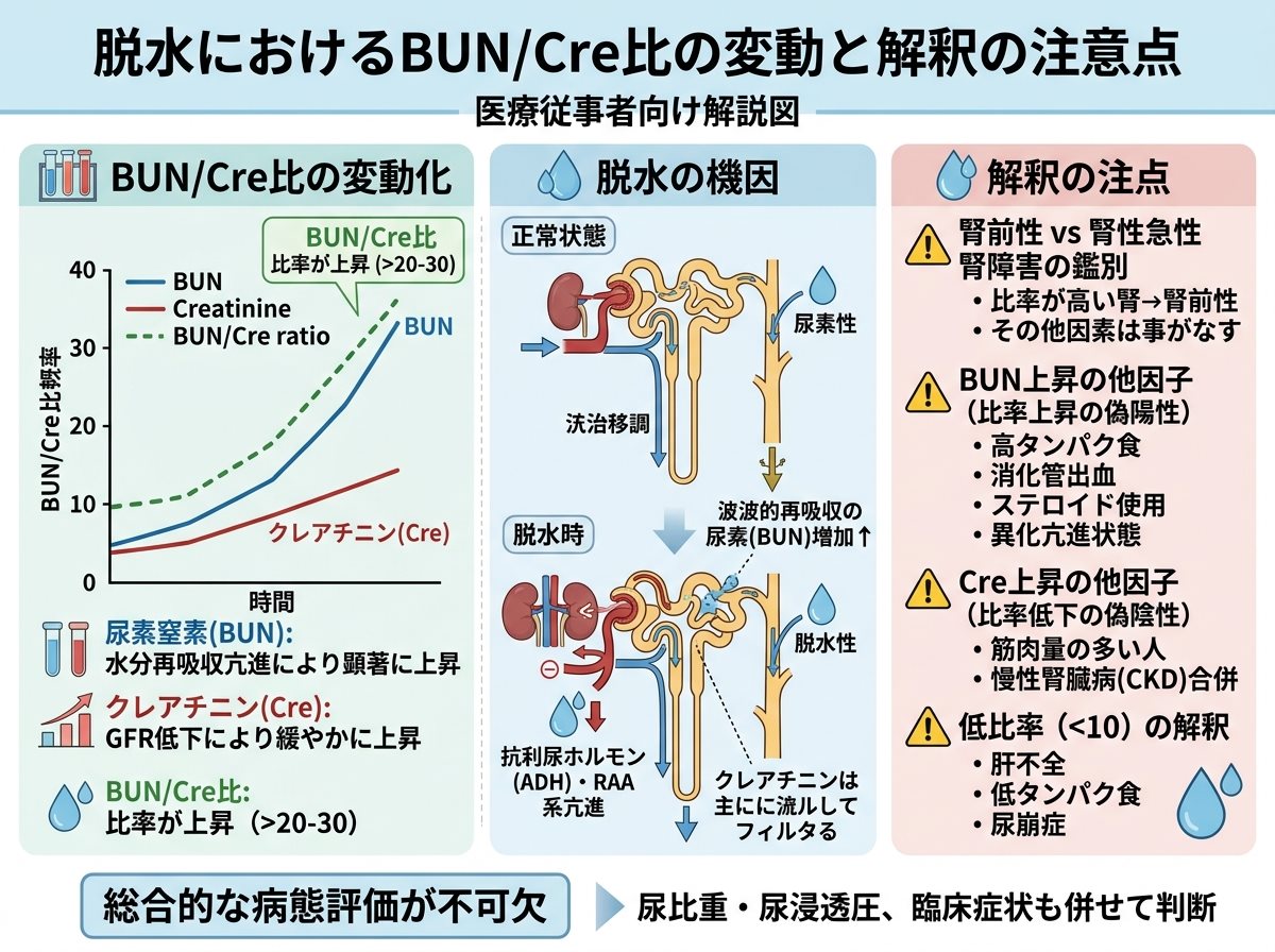 脱水におけるBUN/Cre比の変動と解釈の注意点