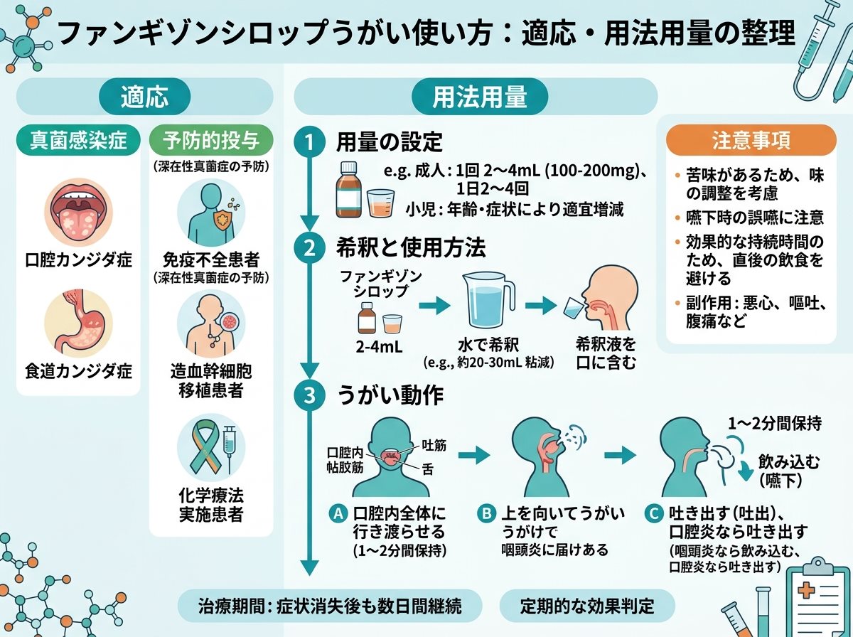 ファンギゾンシロップうがい使い方:適応・用法用量の整理