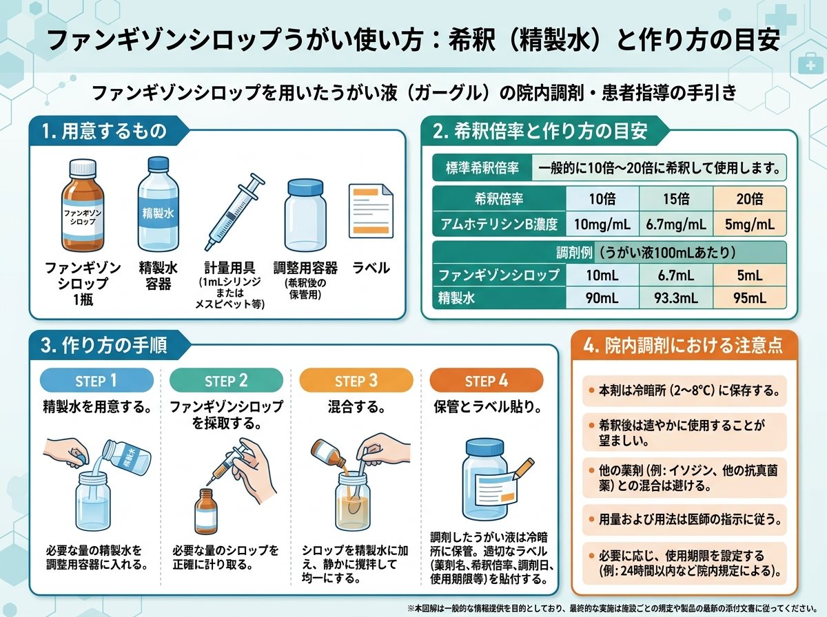 ファンギゾンシロップうがい使い方:希釈(精製水)と作り方の目安