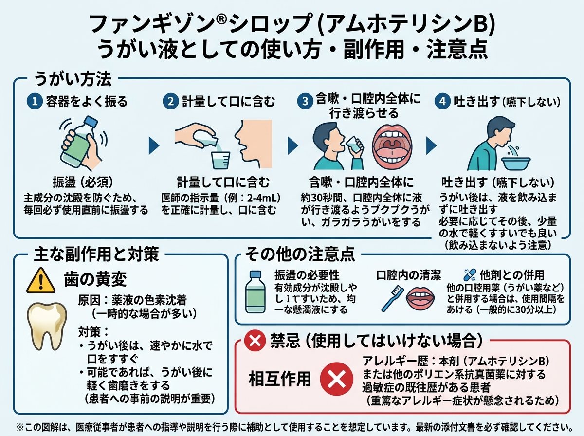 ファンギゾンシロップうがい使い方:副作用・注意(歯の黄変、振盪、禁忌)