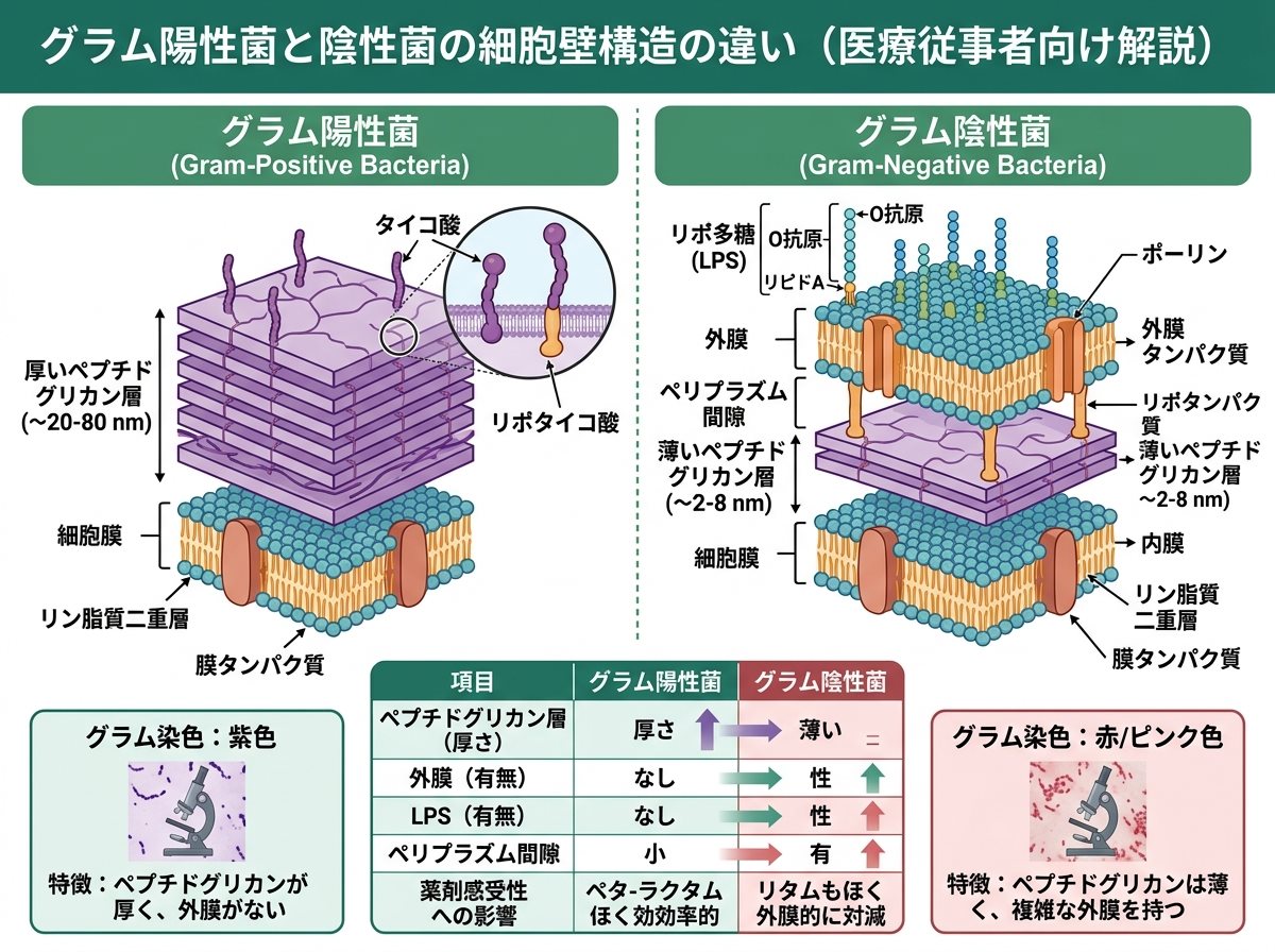 グラム陽性菌と陰性菌の細胞壁構造の違い
