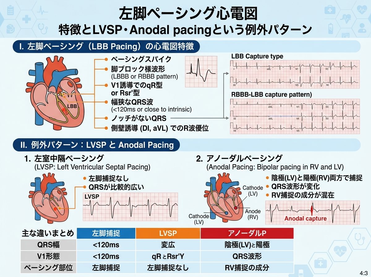 左脚ペーシング 心電図 特徴とLVSP・Anodal pacingという例外パターン