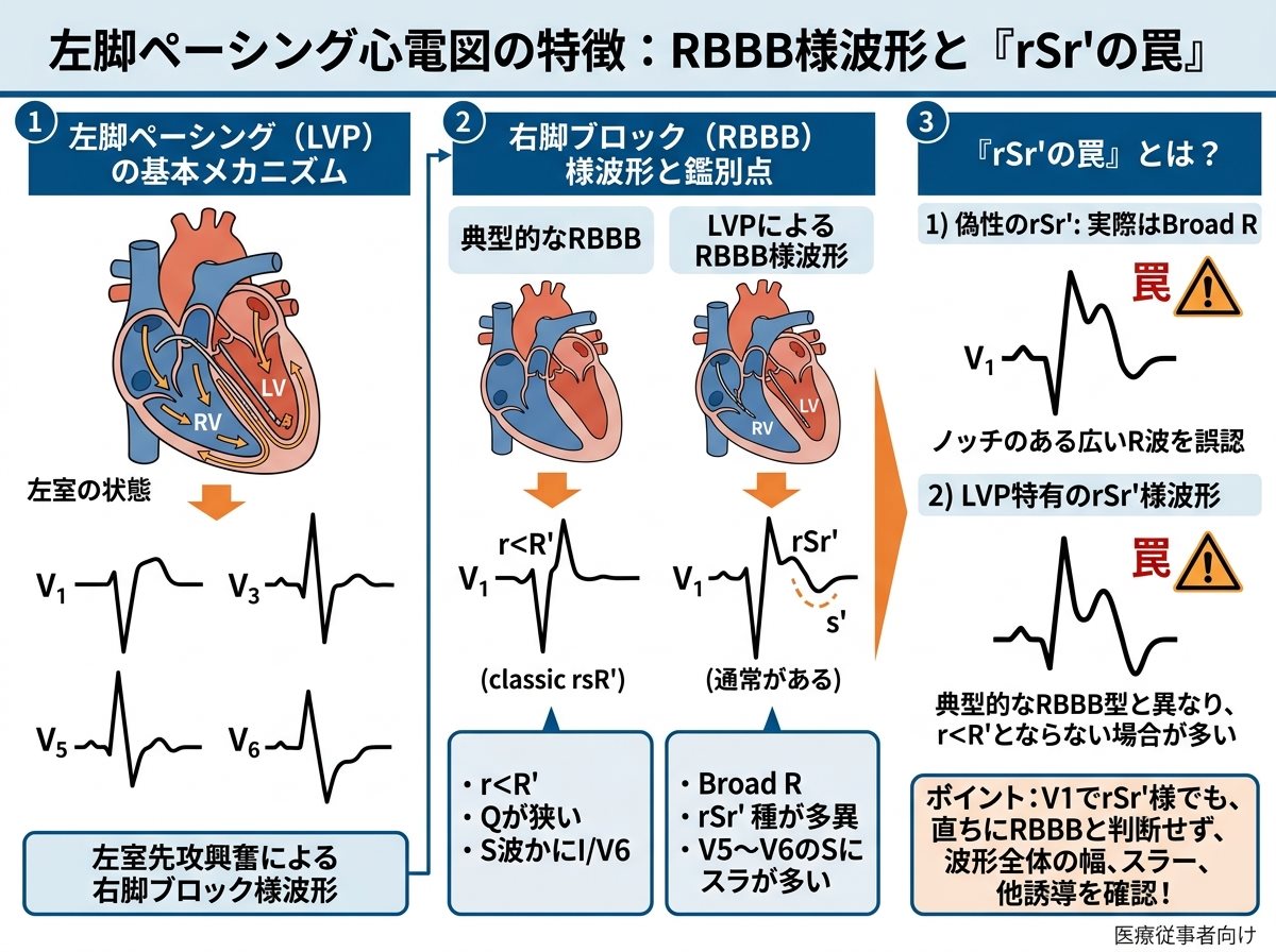 左脚ペーシング 心電図 特徴と右脚ブロック様波形・rSr’の「罠」