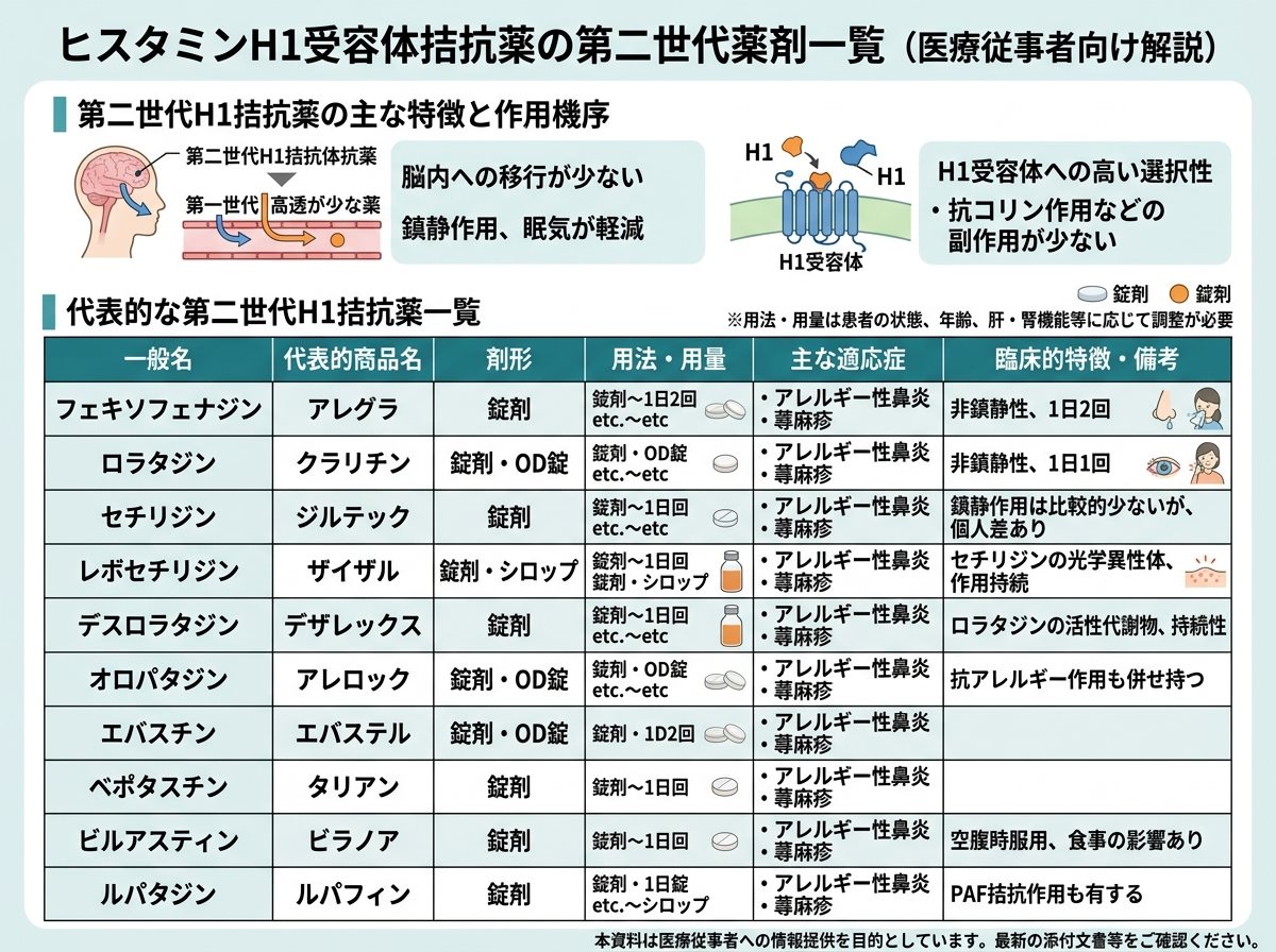 ヒスタミンh1受容体拮抗薬の第二世代薬剤一覧
