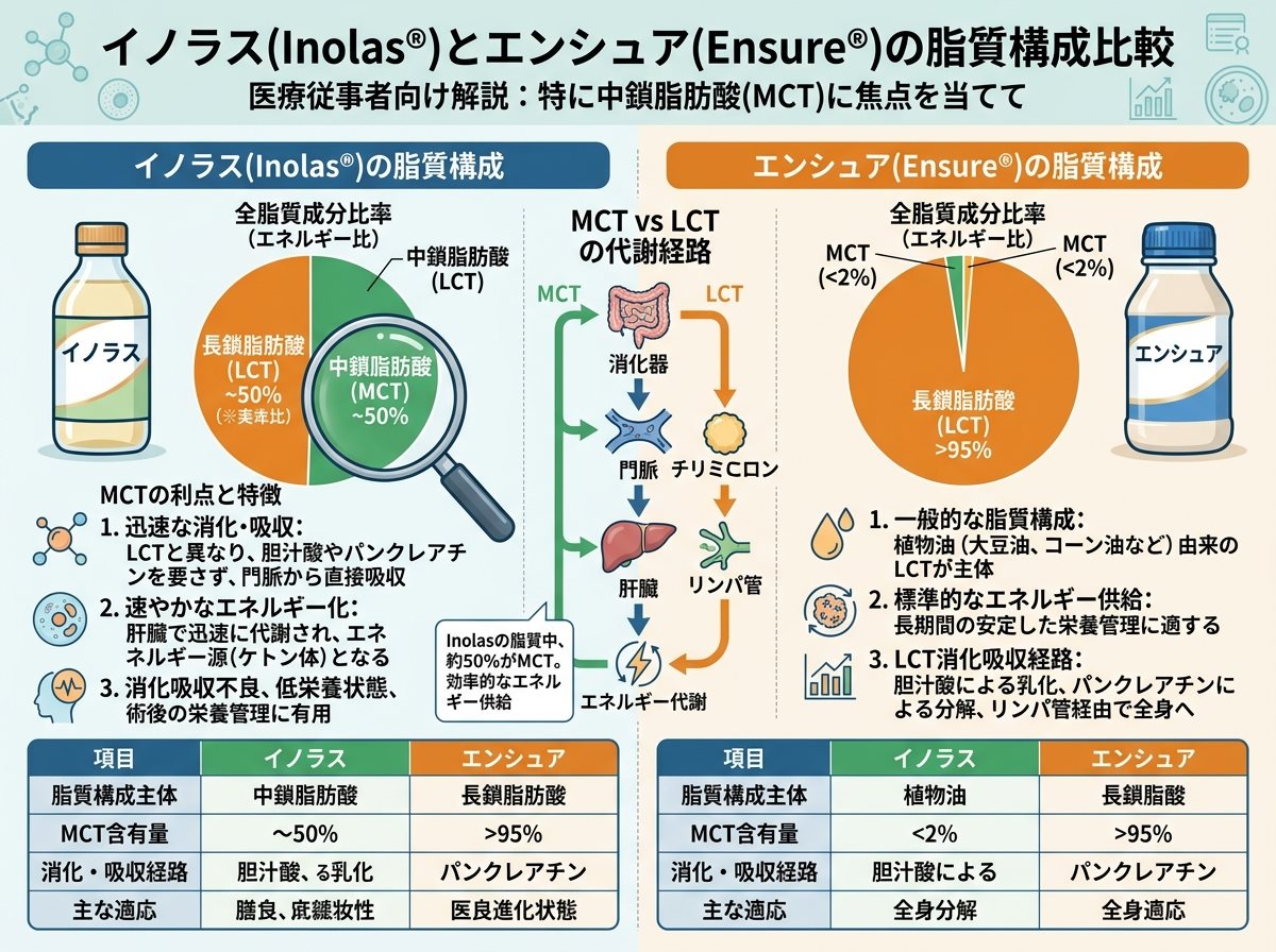 イノラスに含まれる中鎖脂肪酸(MCT)とエンシュアの脂質構成の違い
