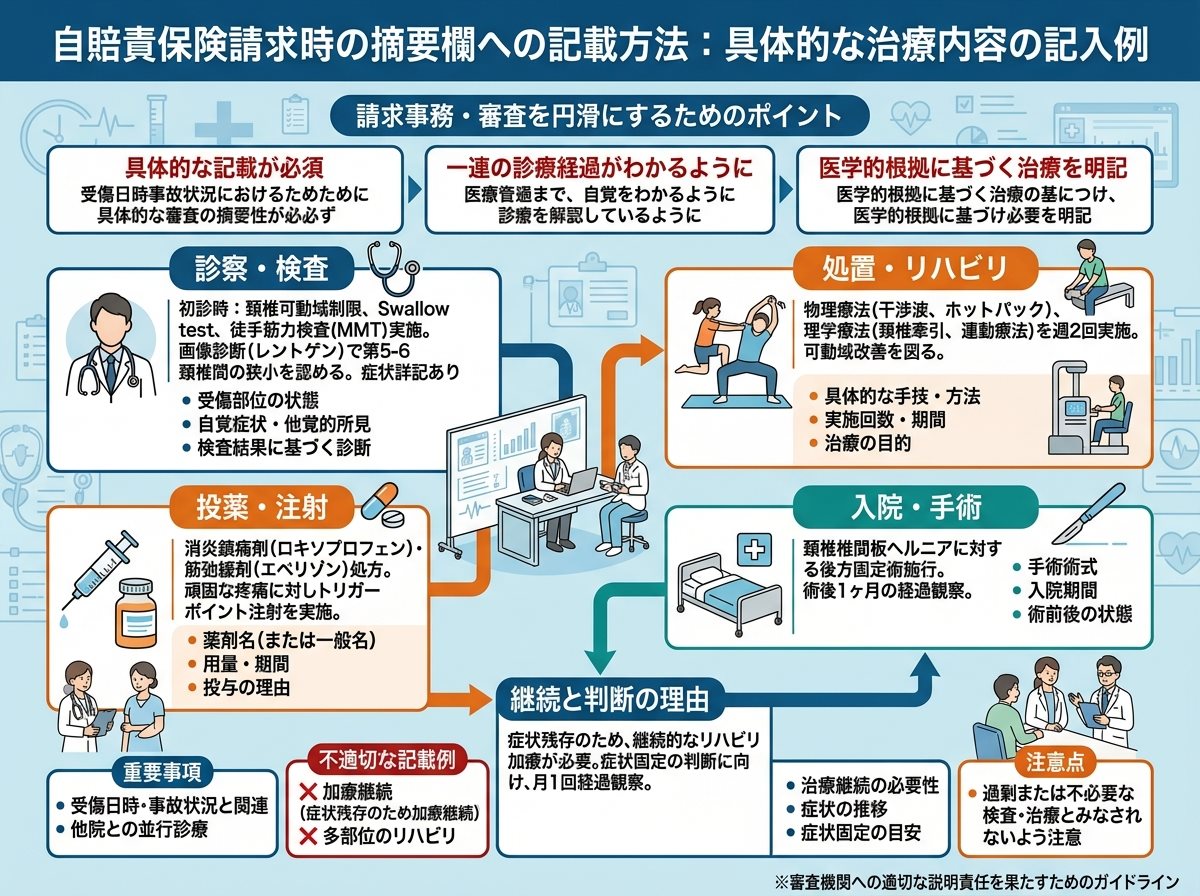 自賠責の摘要欄に記載すべき具体的な治療内容