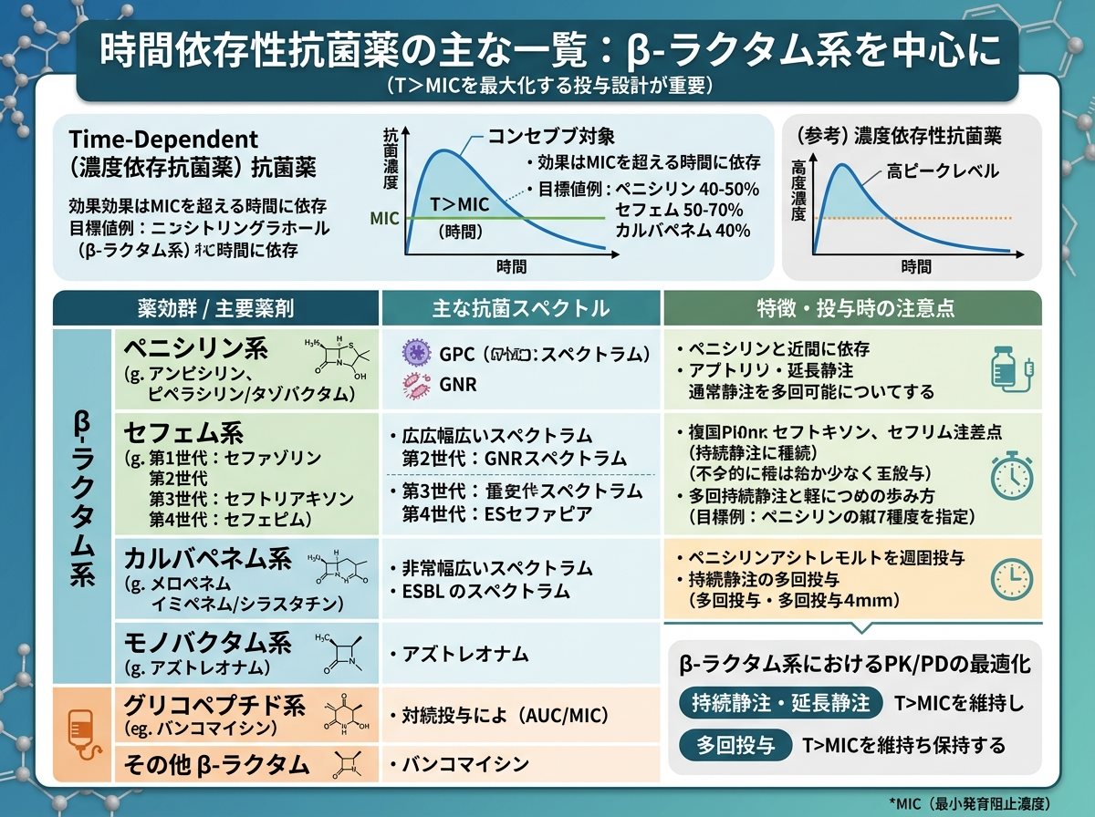 時間依存性抗菌薬の主な一覧：β-ラクタム系を中心に
