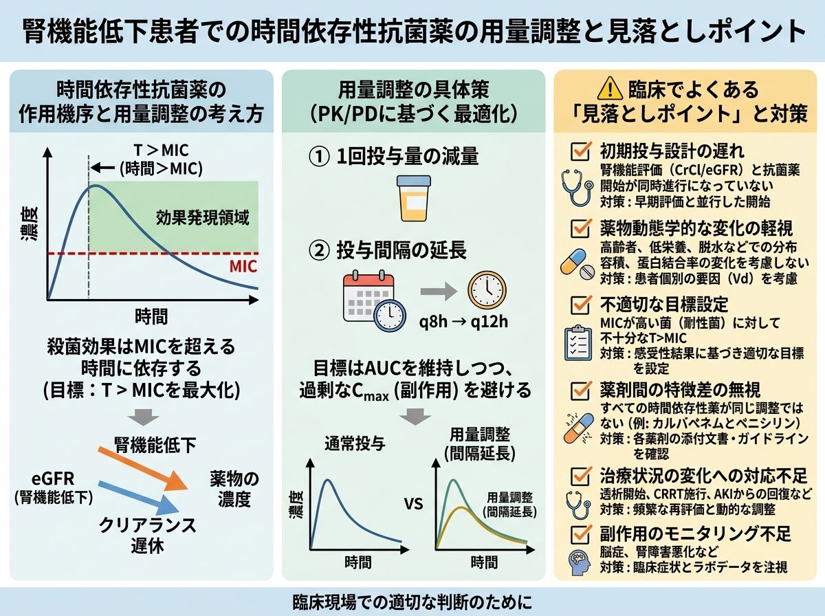 腎機能低下患者での時間依存性抗菌薬の用量調整と見落としポイント