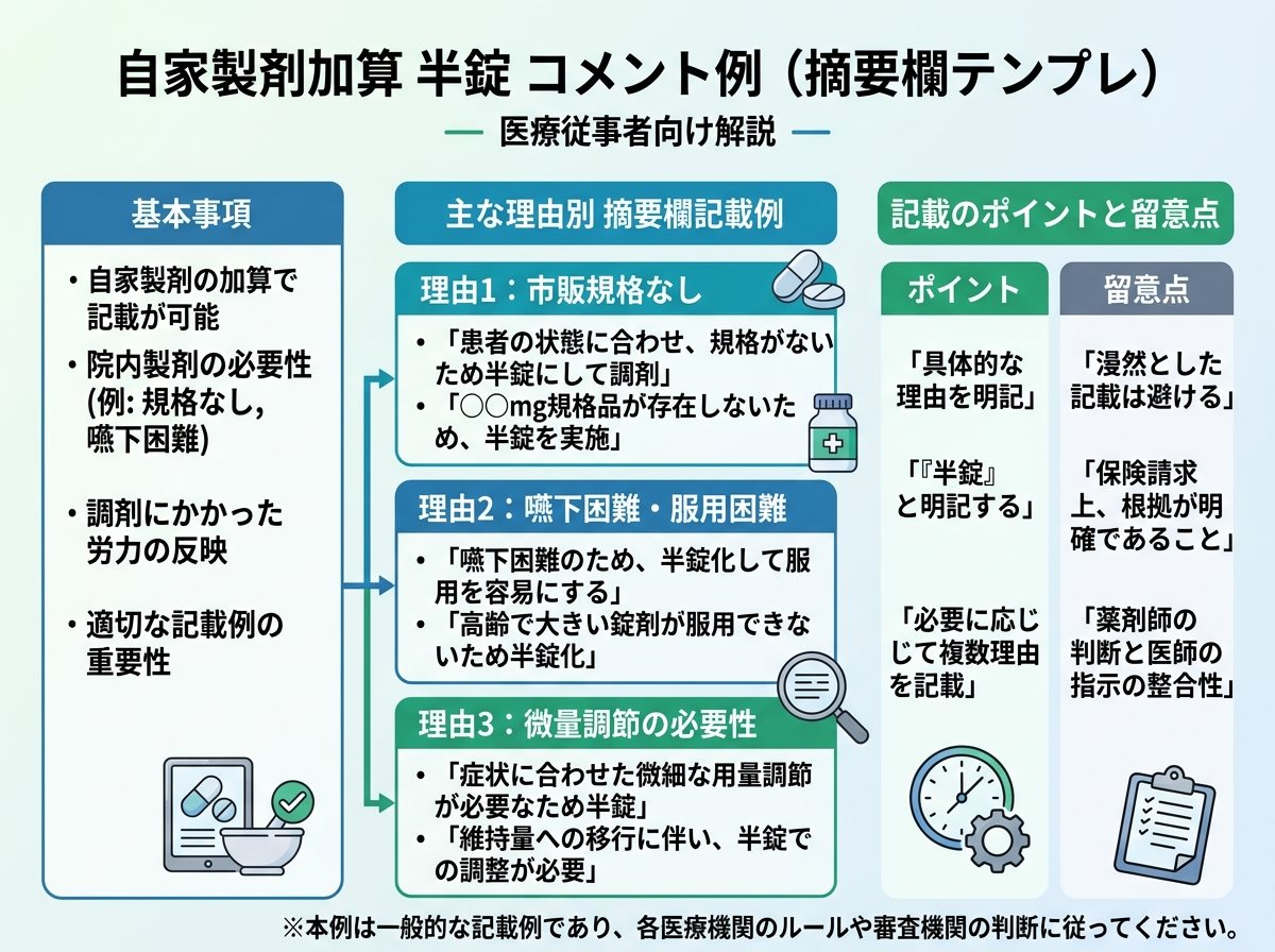 自家製剤加算 半錠 コメント例（摘要欄テンプレ）