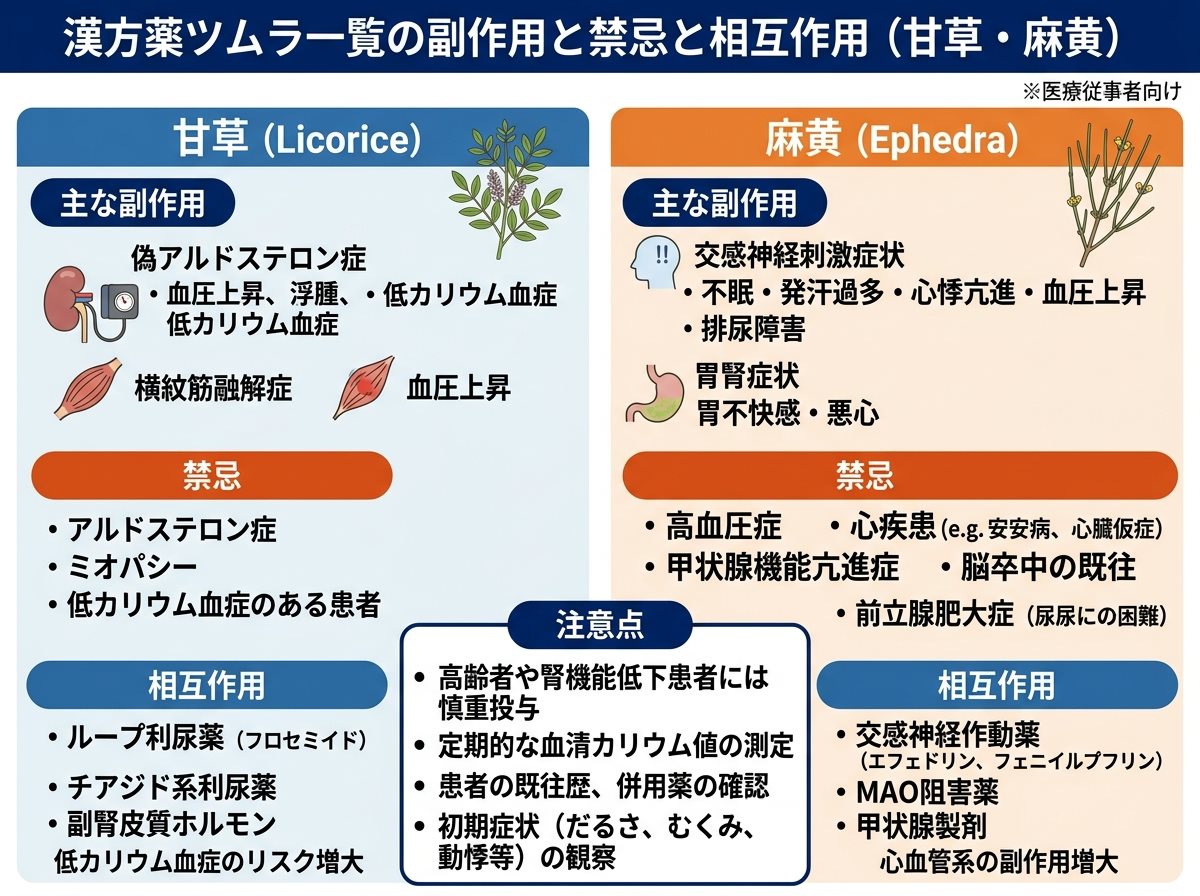 漢方薬ツムラ一覧の副作用と禁忌と相互作用（甘草・麻黄）