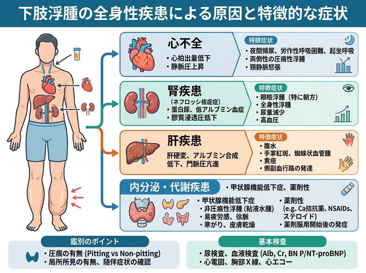 下肢浮腫の全身性疾患による原因と特徴的な症状