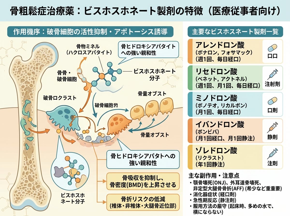 骨粗鬆症薬一覧のビスホスホネート製剤特徴