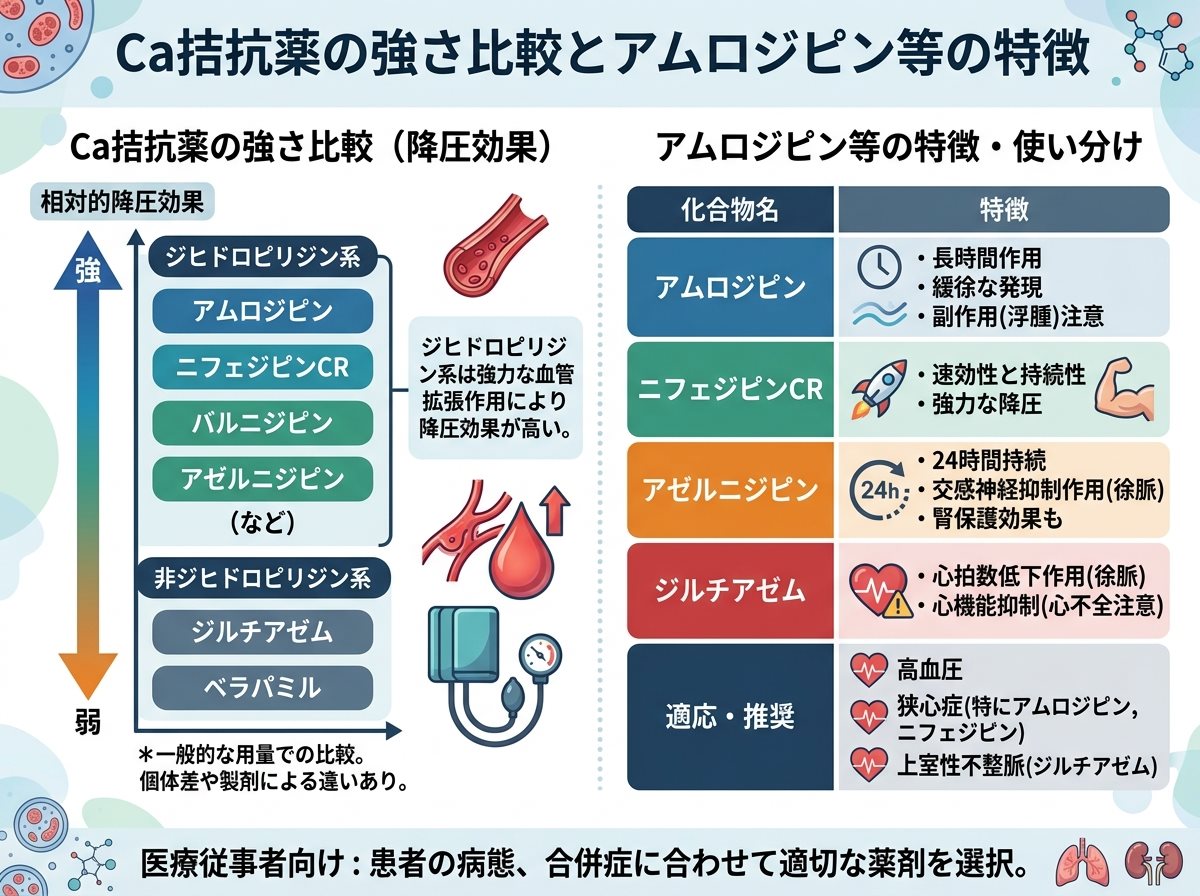 Ca拮抗薬の強さ比較とアムロジピン等の特徴