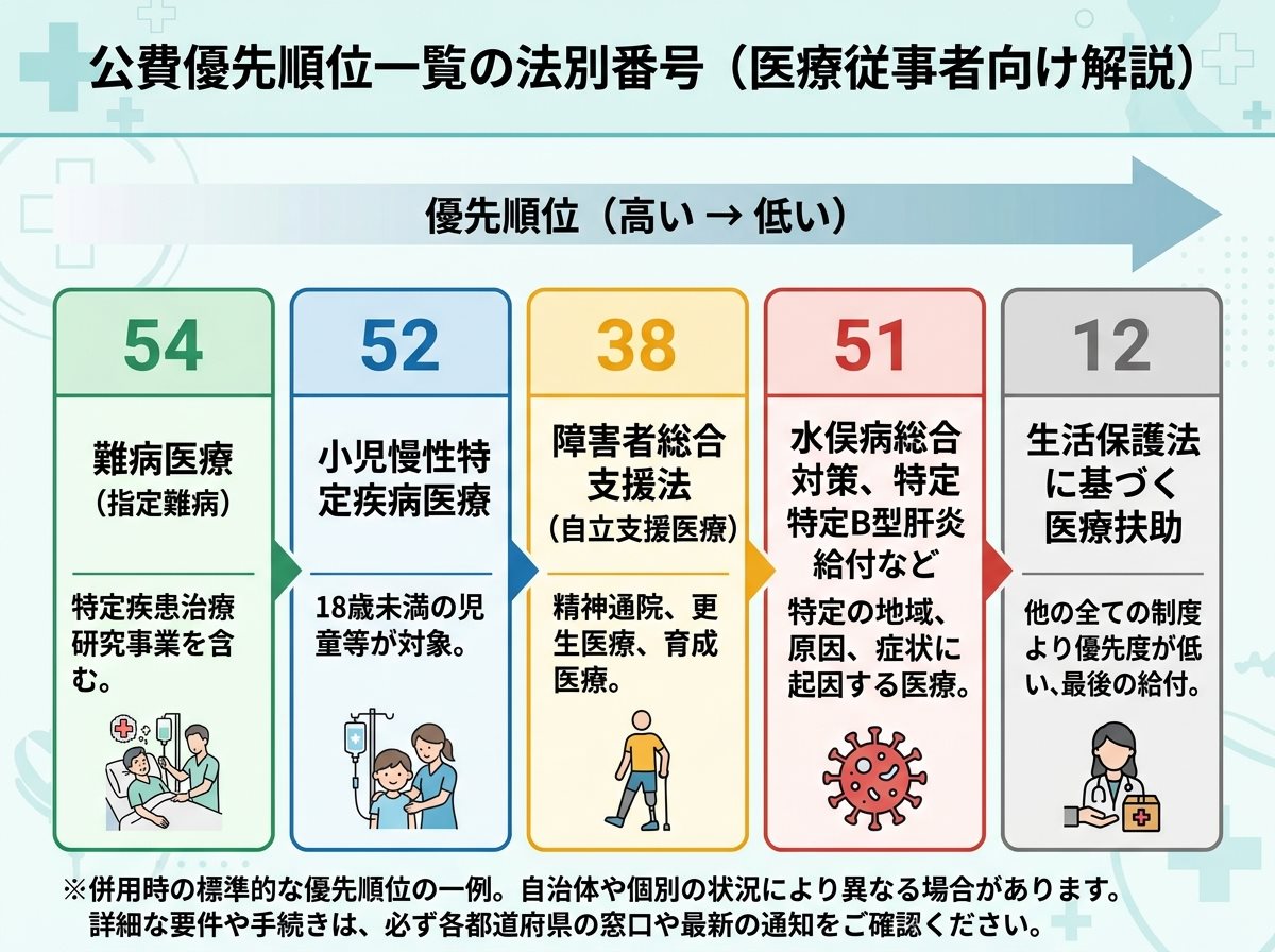 公費優先順位一覧の法別番号（54・52・38・51・12）