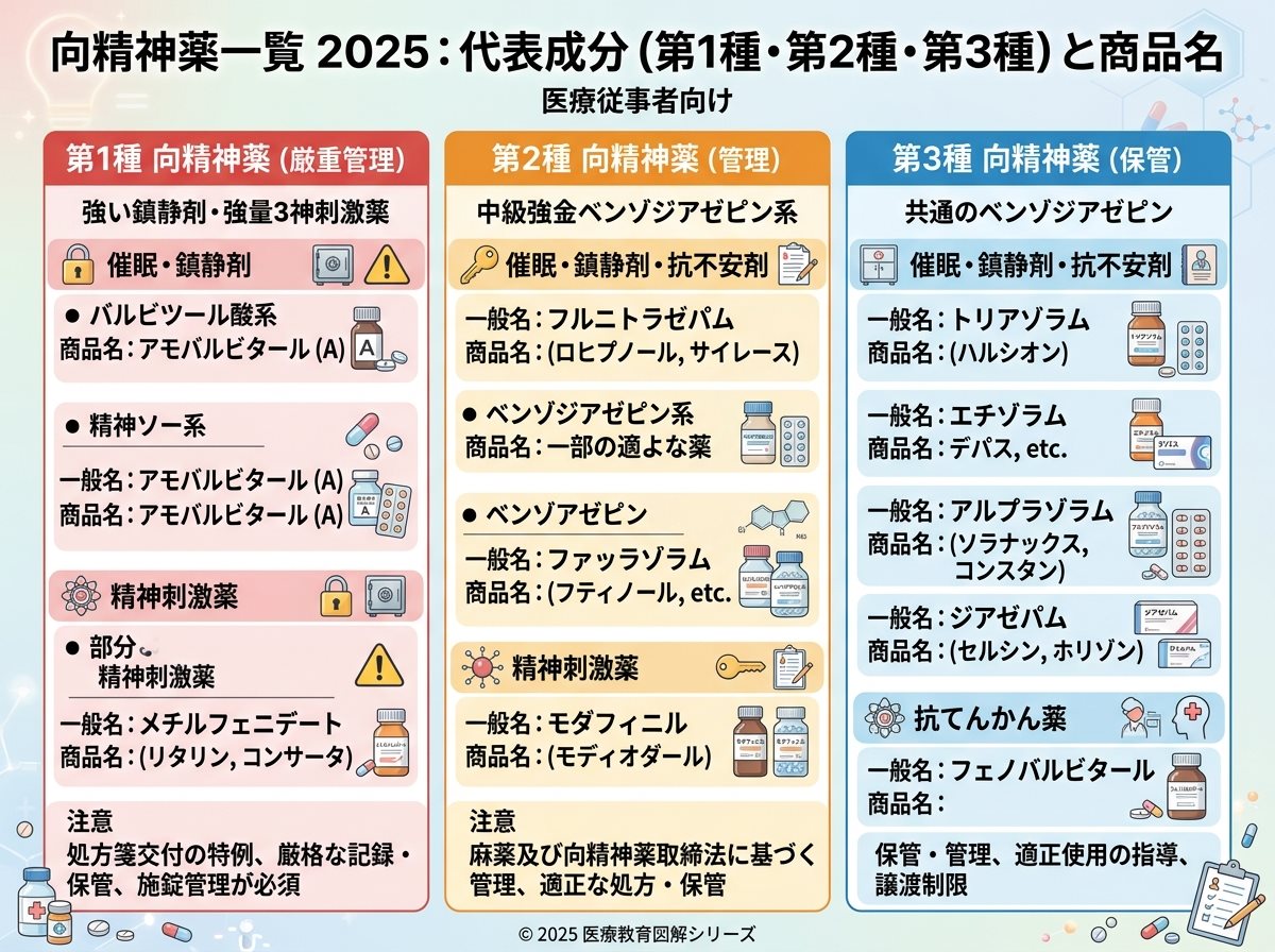 向精神薬一覧 2025の代表成分（第1種・第2種・第3種）と商品名