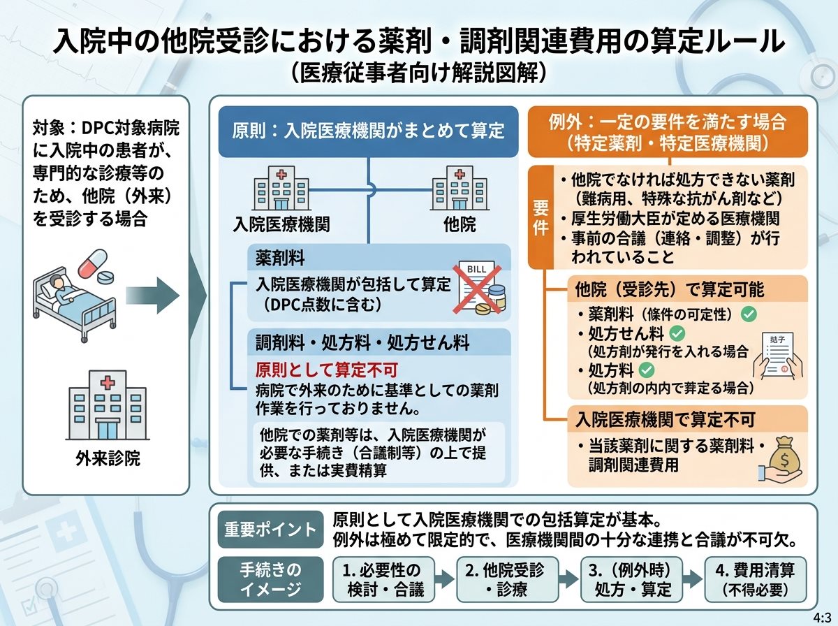 入院中の他院受診で薬剤料と調剤料と処方料と処方せん料の算定