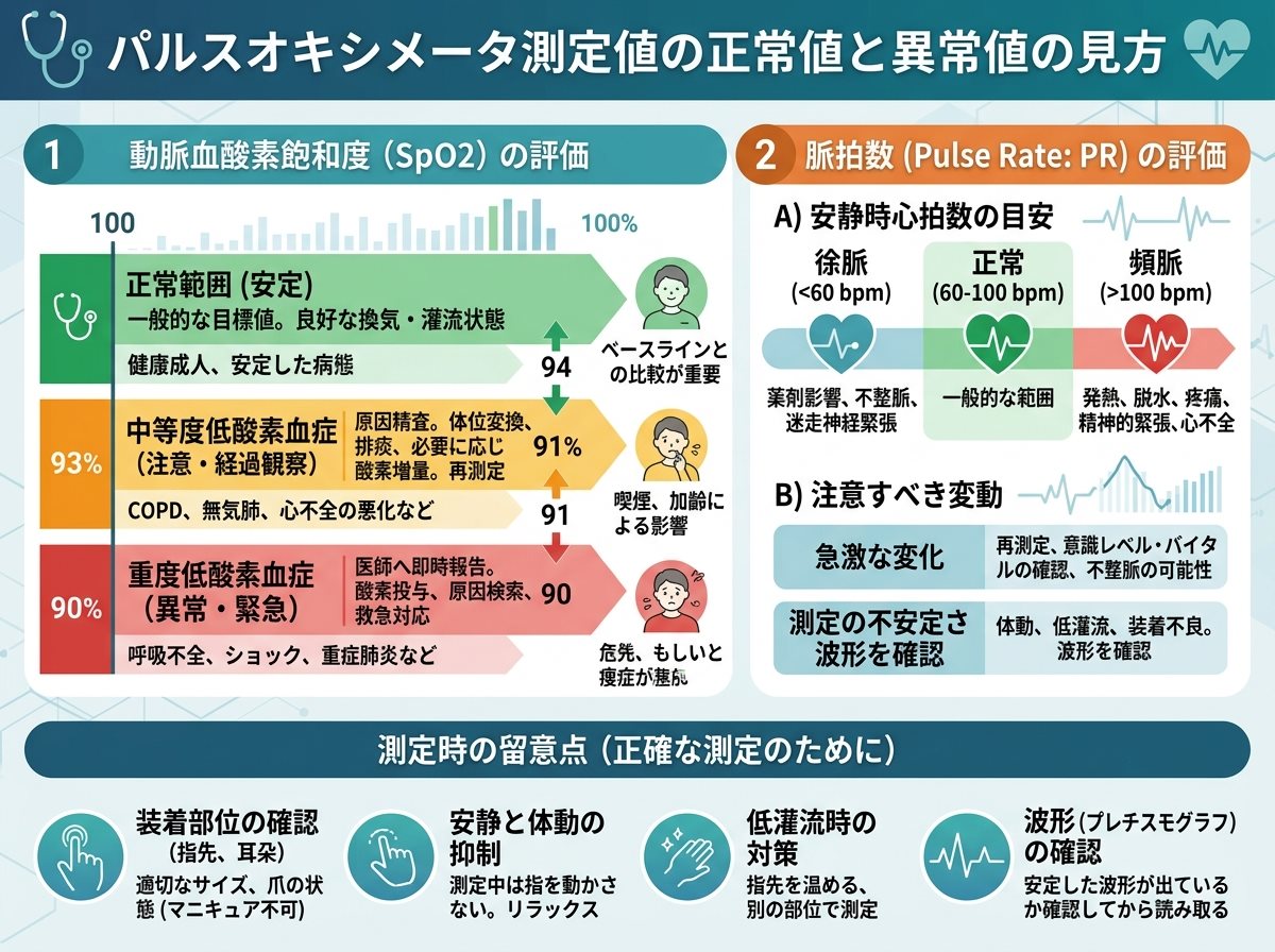 パルスオキシメータ測定値の正常値と異常値の見方