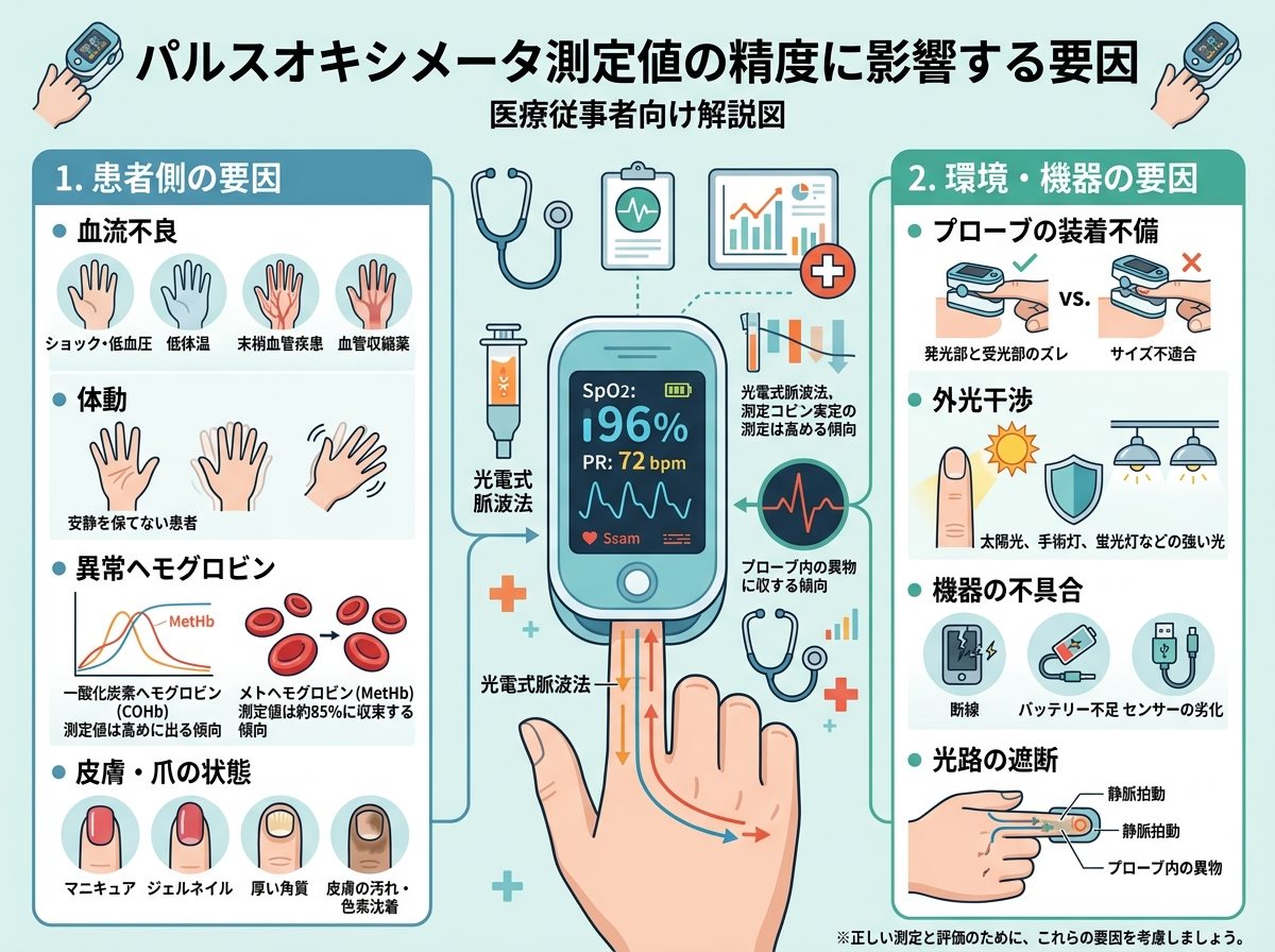 パルスオキシメータ測定値の精度に影響する要因