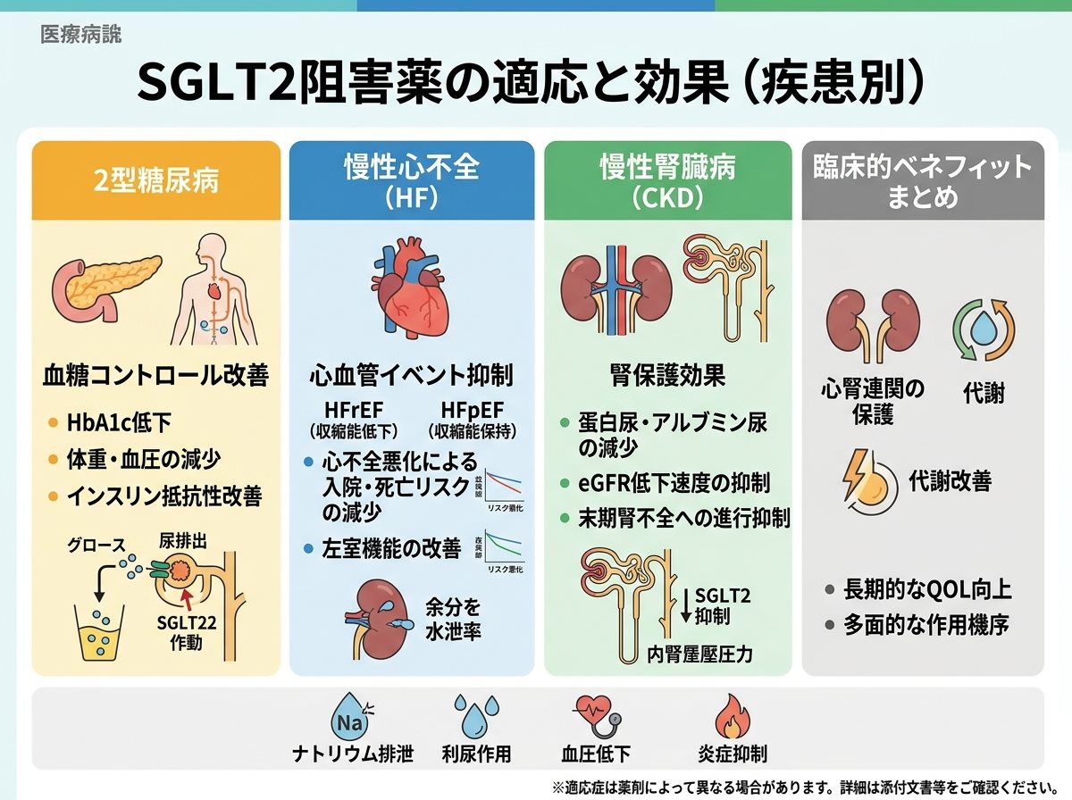 SGLT2阻害薬の適応を疾患別に確認