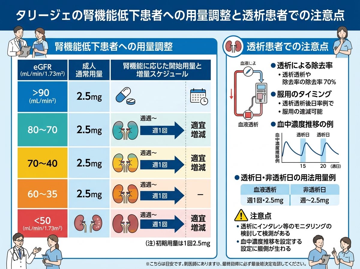 タリージェの腎機能低下患者への用量調整と透析患者での注意点