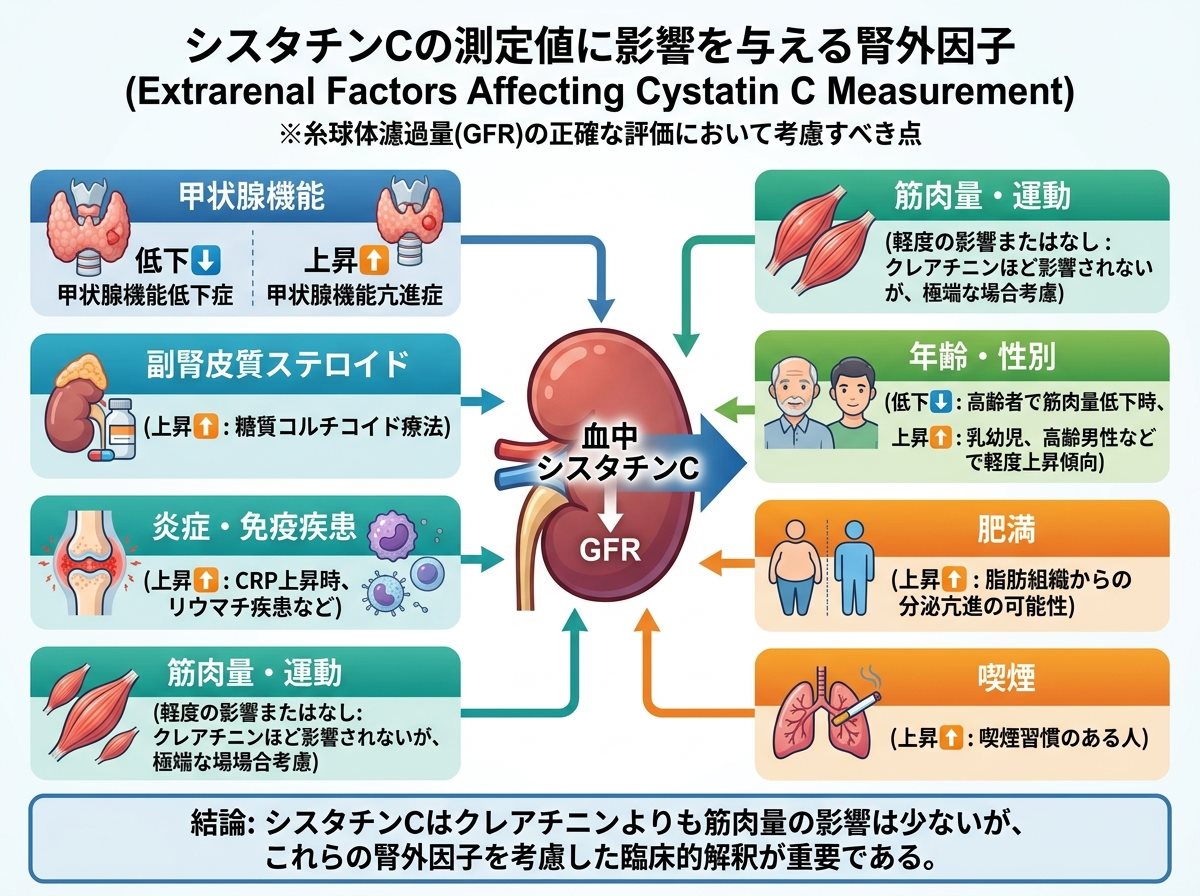 シスタチンCの測定値に影響を与える腎外因子