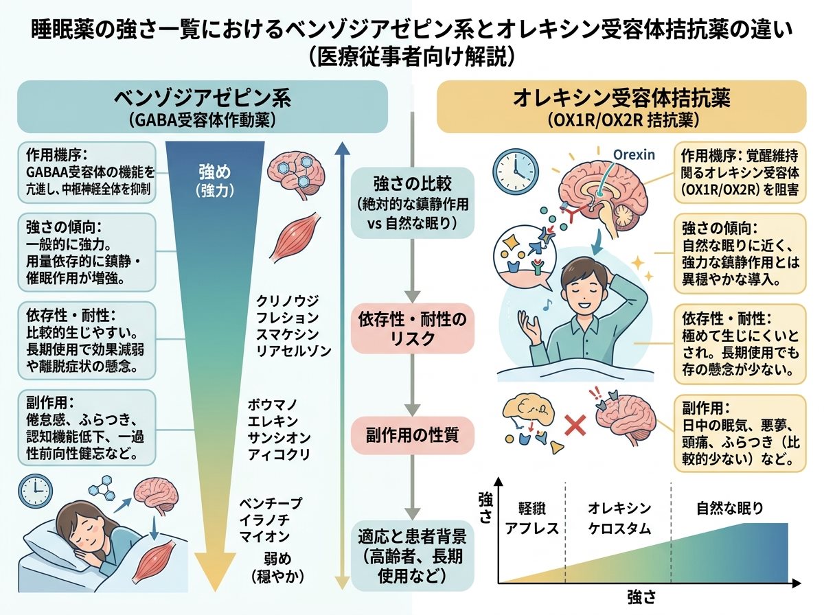 睡眠薬の強さ一覧におけるベンゾジアゼピン系とオレキシン受容体拮抗薬の違い