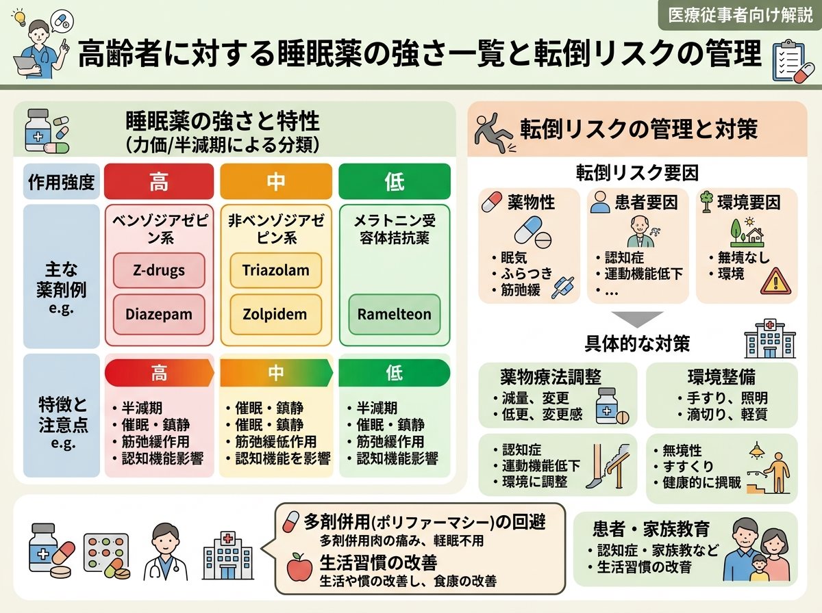 高齢者に対する睡眠薬の強さ一覧と転倒リスクの管理