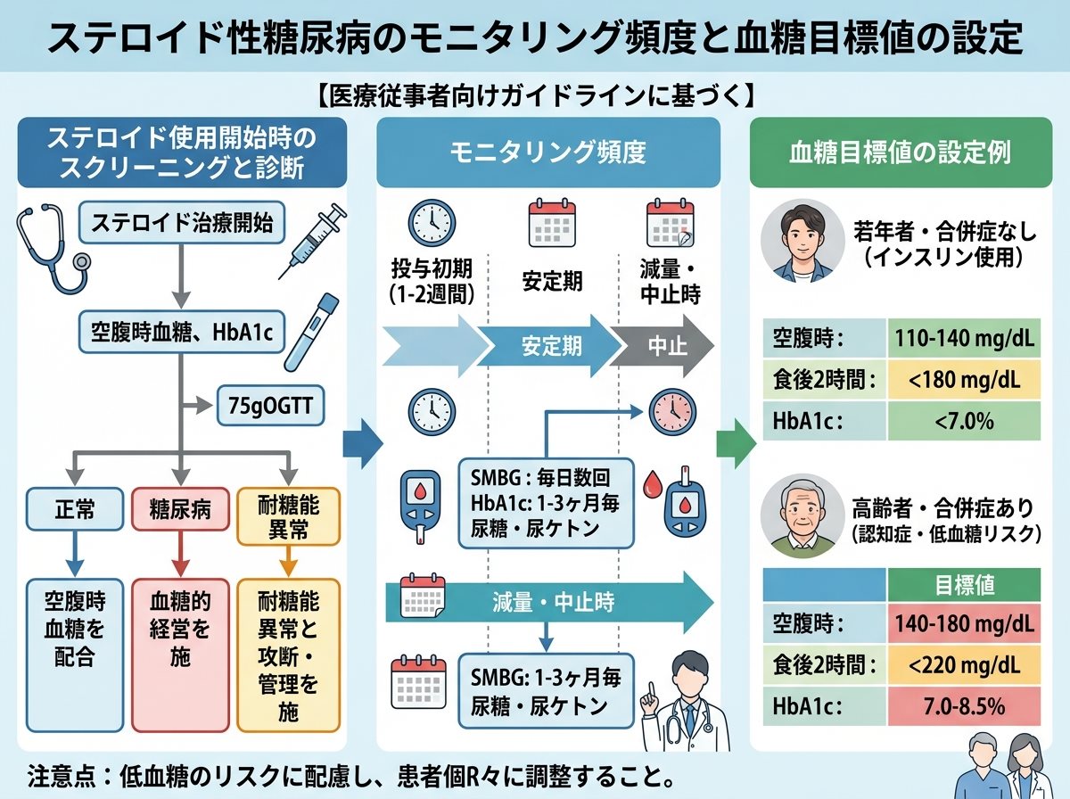 ステロイド性糖尿病のモニタリング頻度と血糖目標値の設定