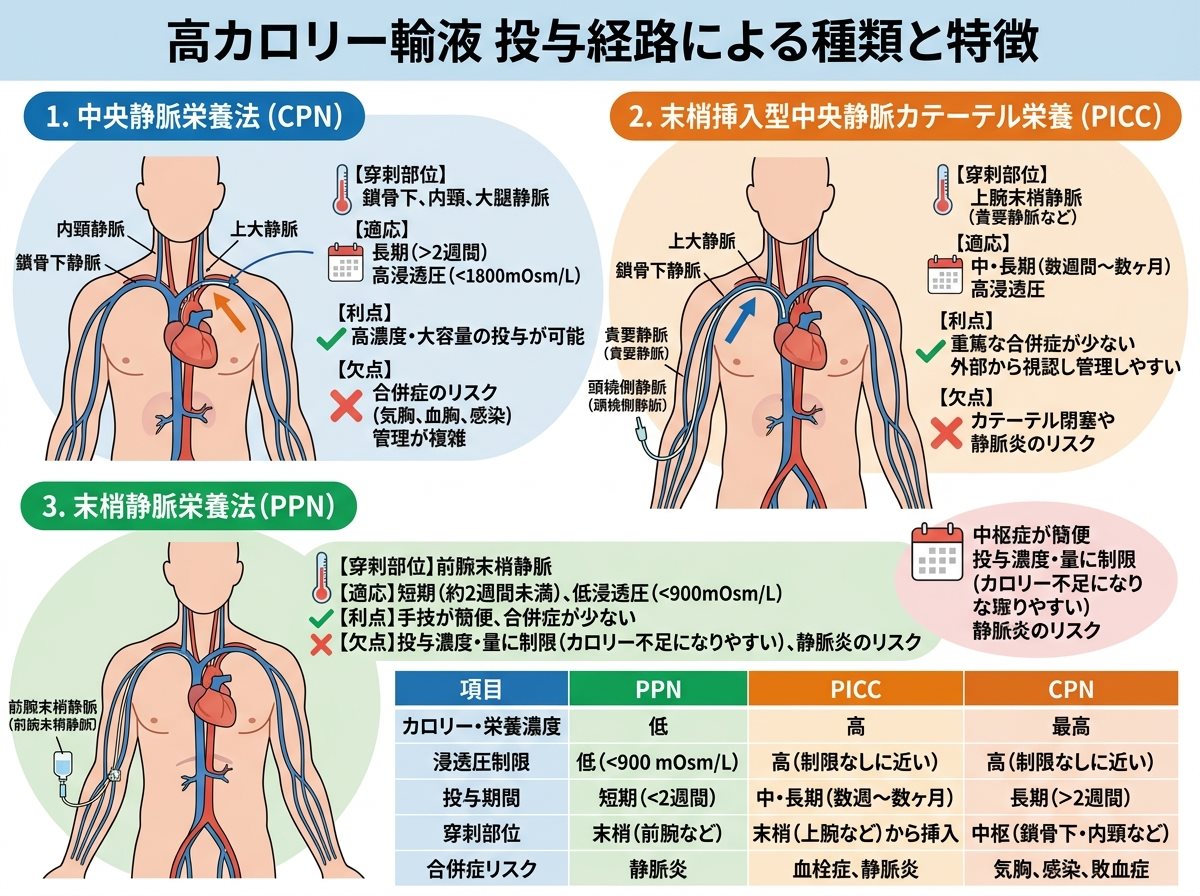 高カロリー輸液投与経路による種類の違い