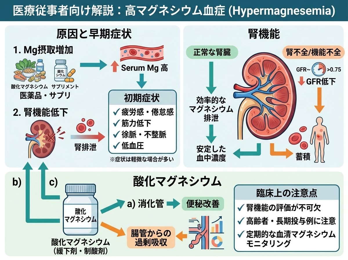 高マグネシウム血症 初期症状の原因と腎機能と酸化マグネシウム