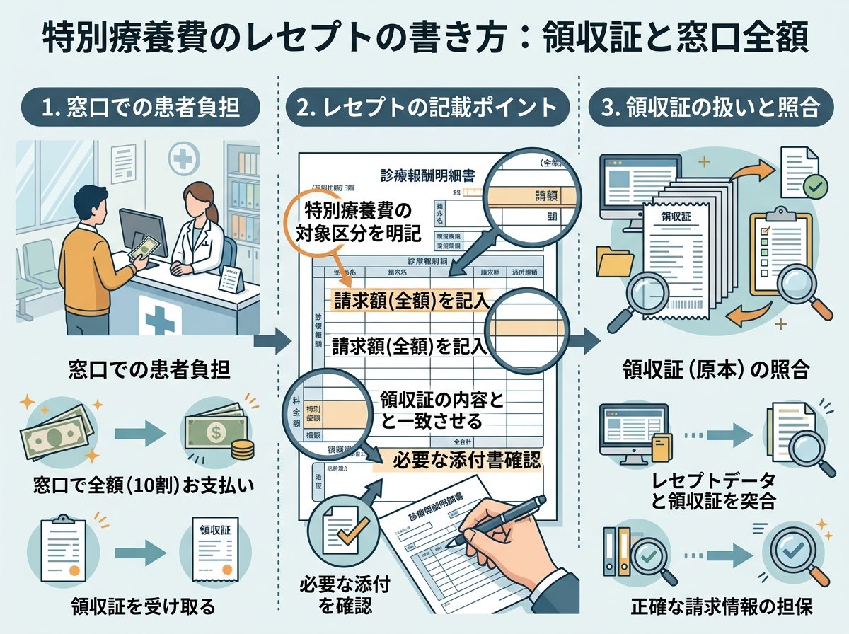 特別療養費のレセプトの書き方：領収証と窓口全額