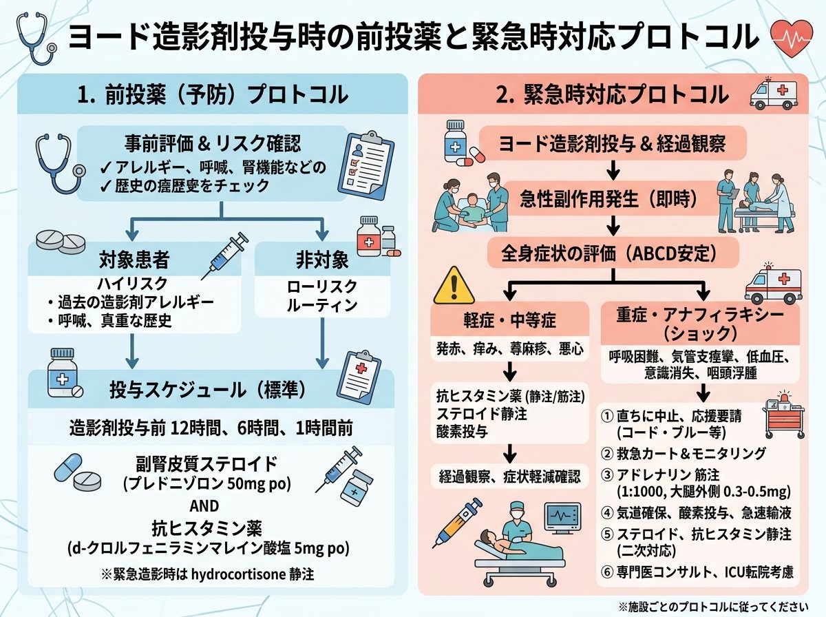 ヨード造影剤投与時の前投薬と緊急時対応プロトコル