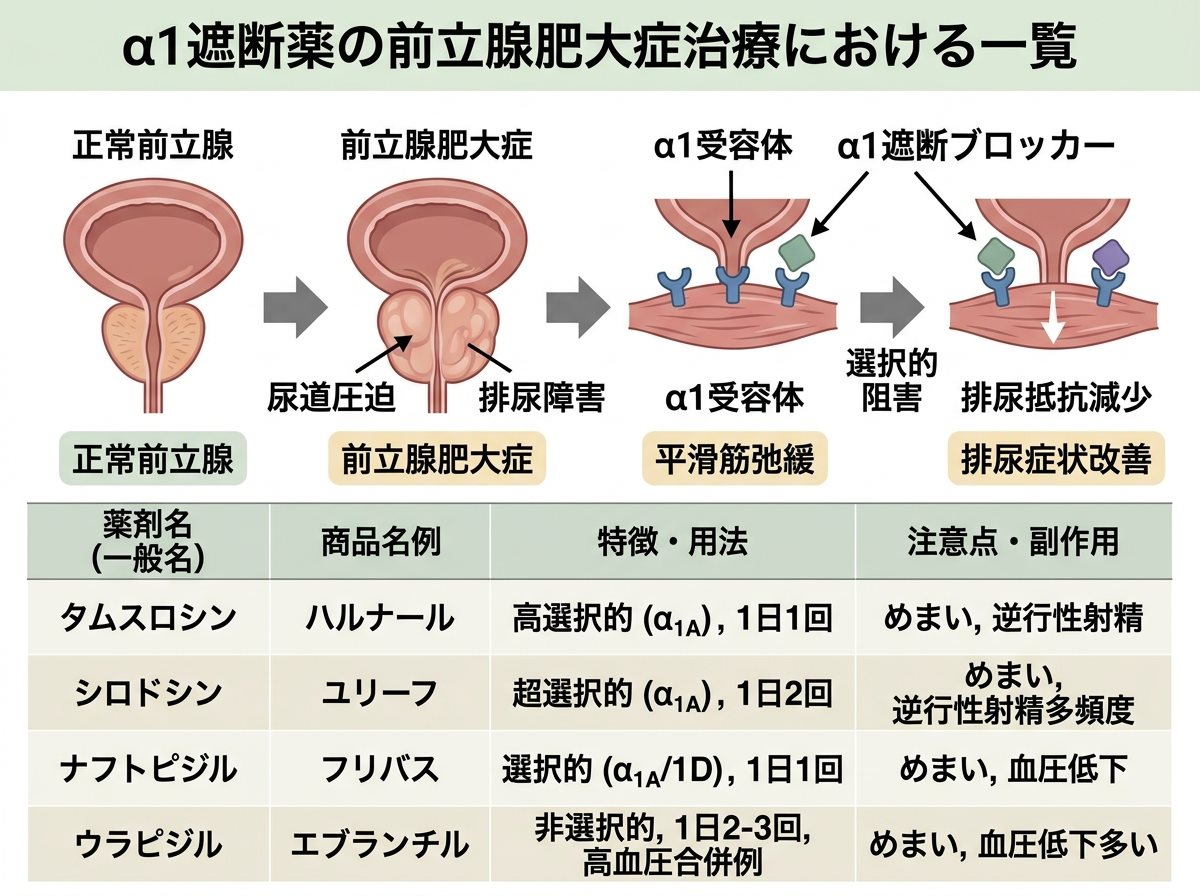 α1遮断薬の前立腺肥大症治療における一覧