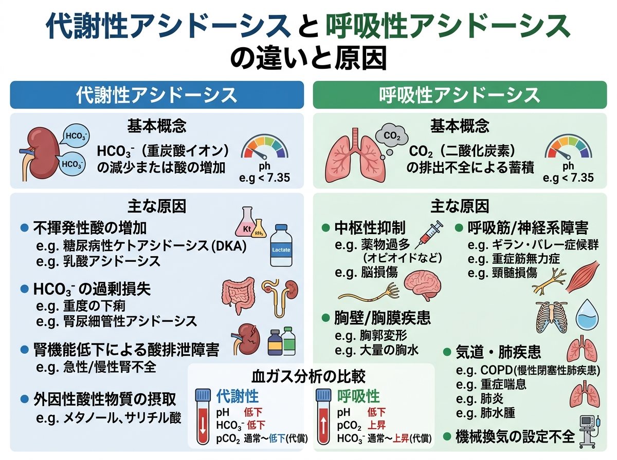 代謝性アシドーシスと呼吸性アシドーシスの違いと原因