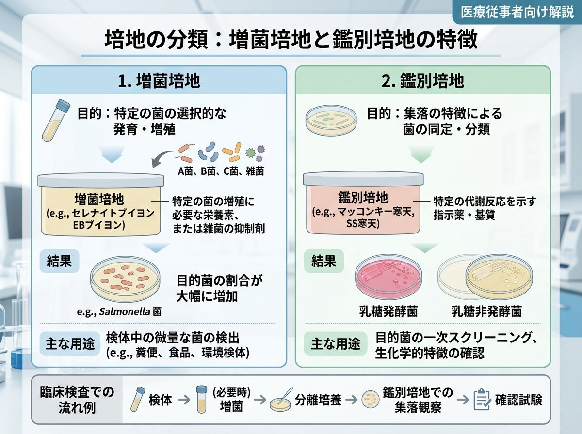 培地の増菌培地と鑑別培地の特徴