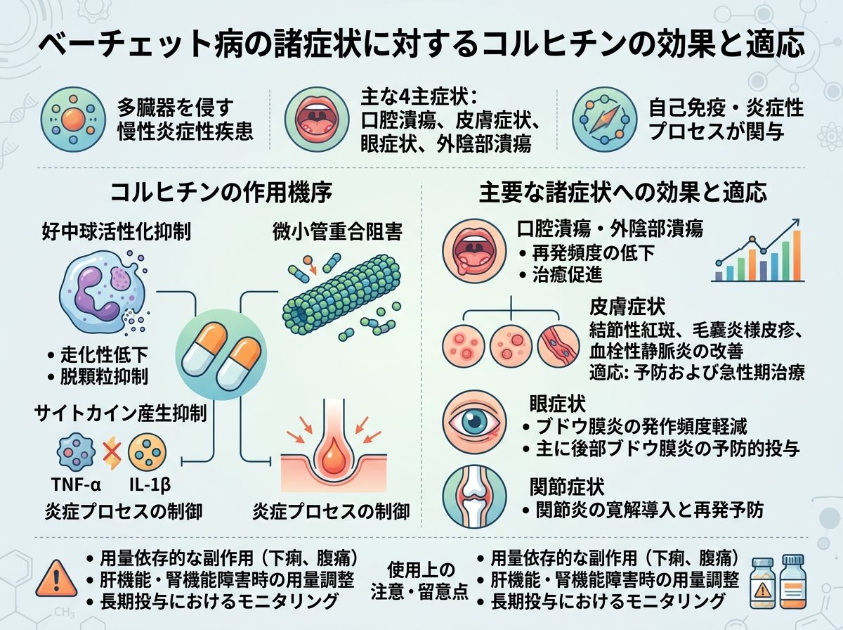 ベーチェット病の諸症状に対するコルヒチンの効果と適応