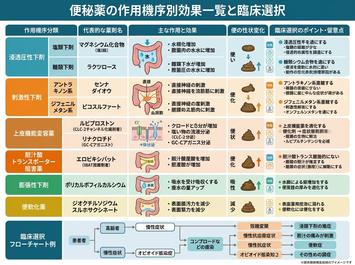 便秘薬の作用機序別効果一覧と臨床選択