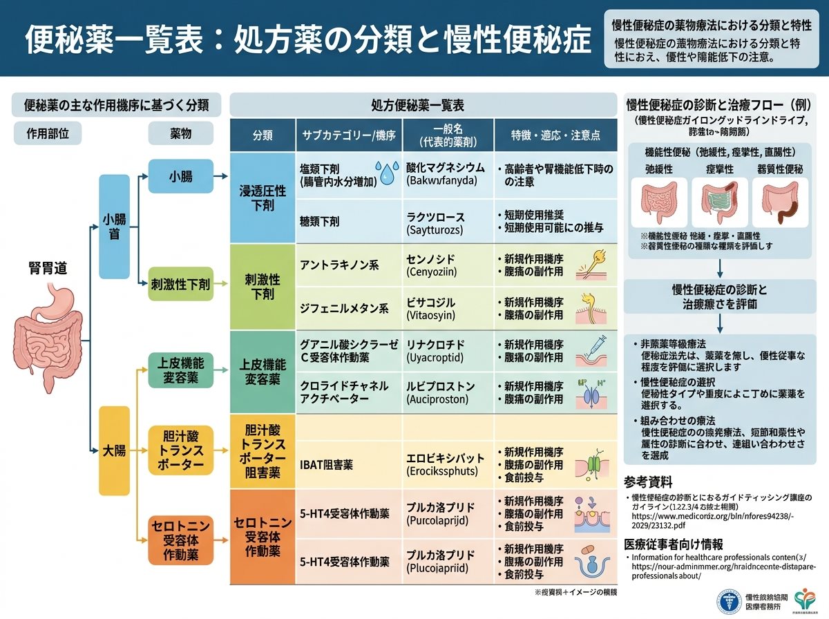 便秘薬一覧表 処方薬の分類と慢性便秘症