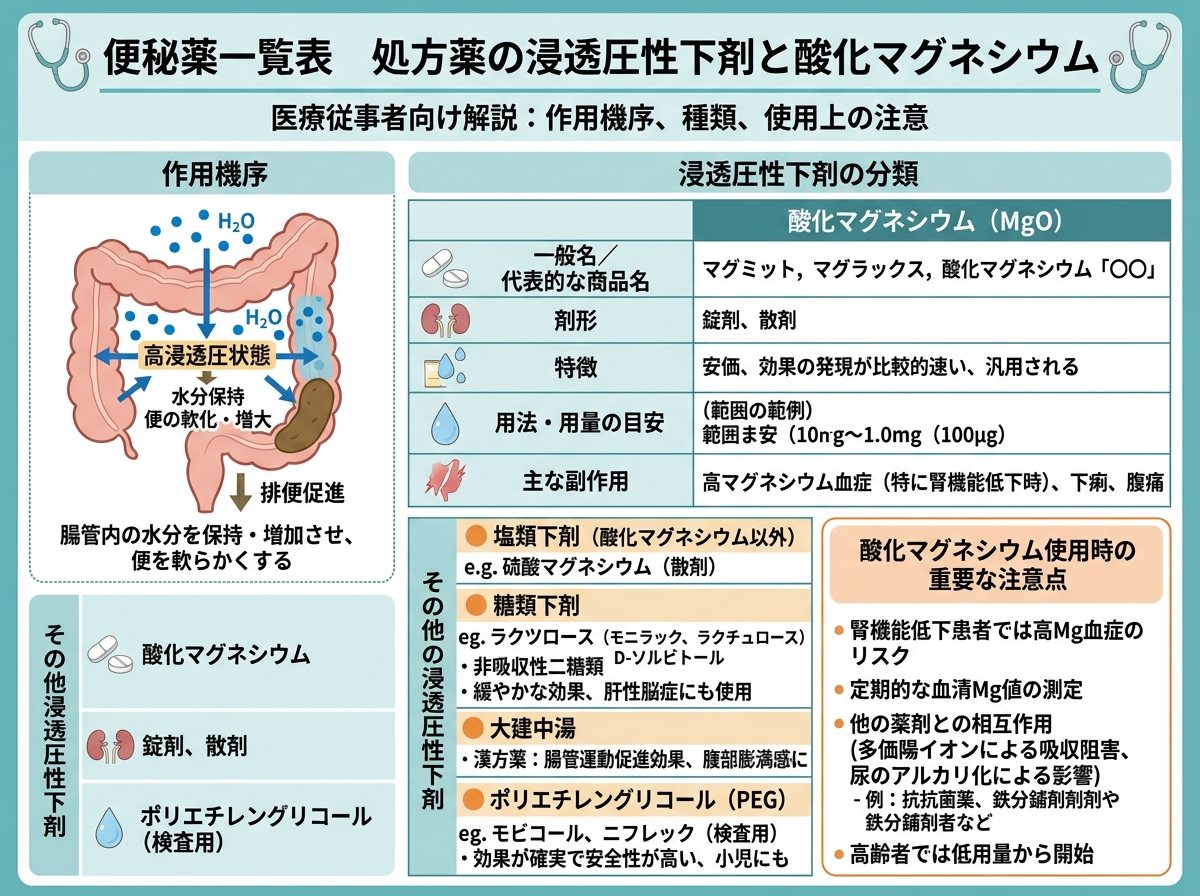 便秘薬一覧表 処方薬の浸透圧性下剤と酸化マグネシウム