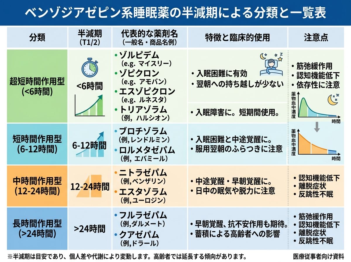 ベンゾジアゼピン系睡眠薬の半減期による分類と一覧表