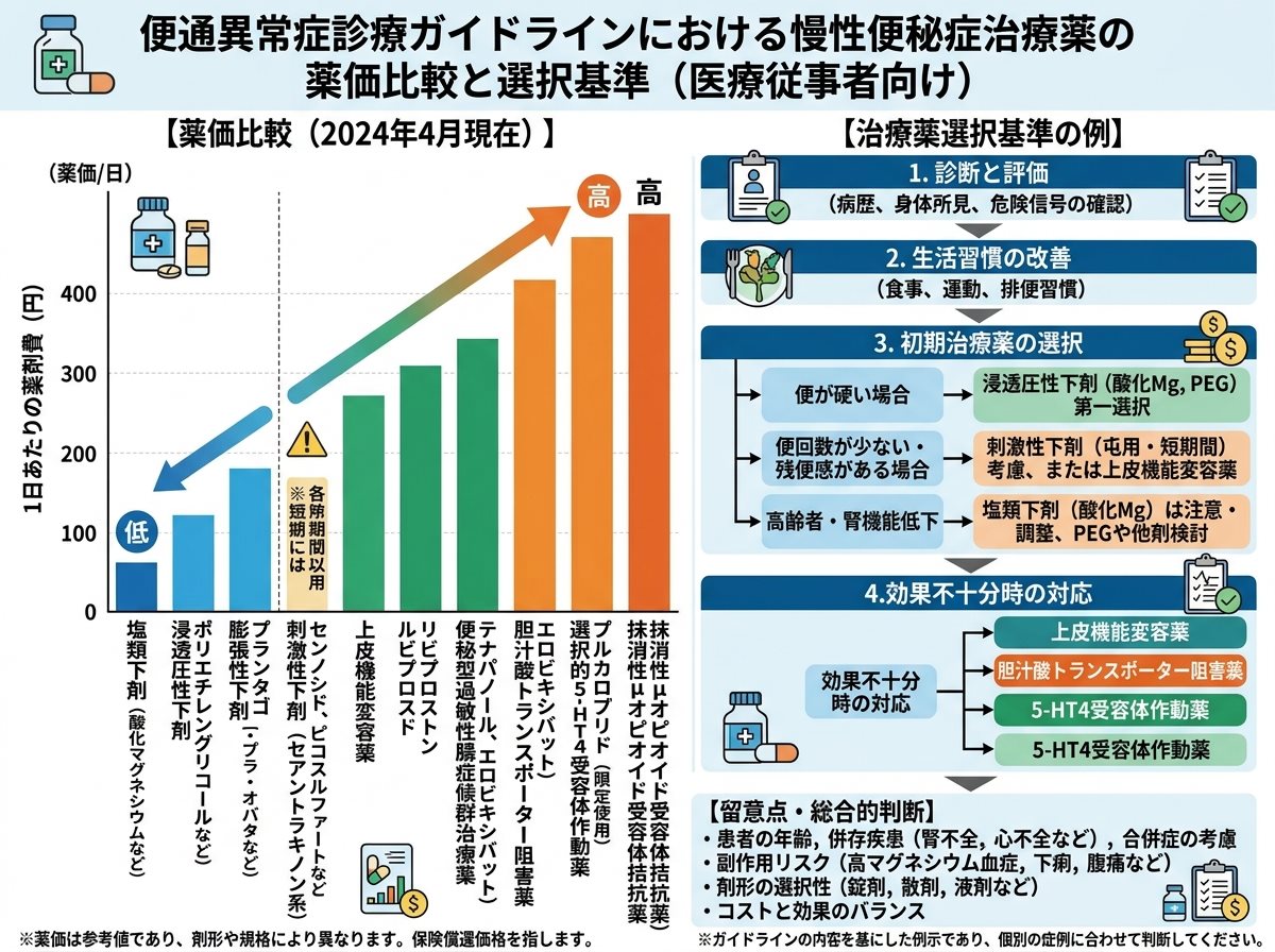 便通異常症診療ガイドラインにおける慢性便秘症治療薬の薬価比較と選択基準