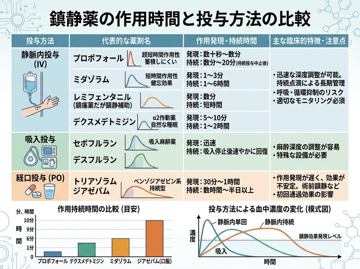 鎮静薬の作用時間と投与方法の比較