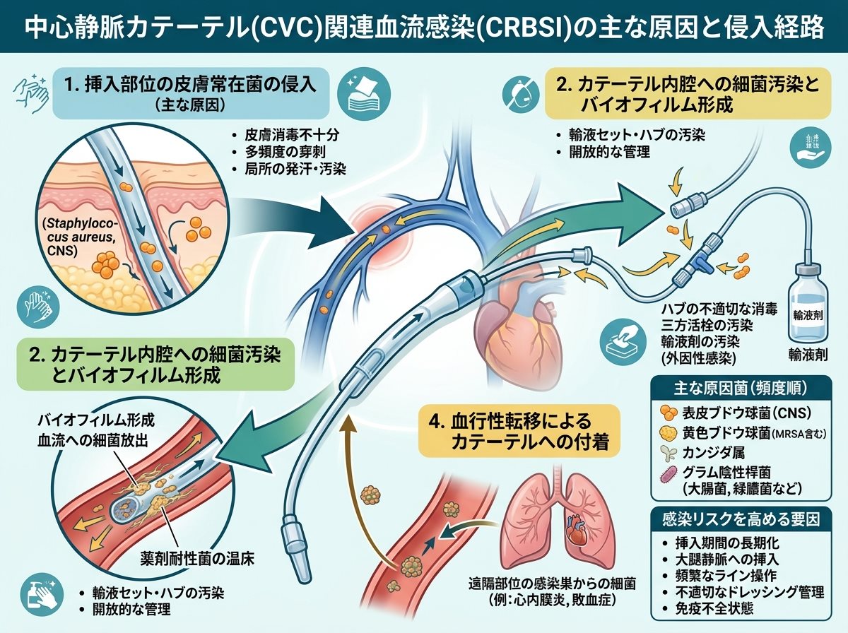 中心静脈カテーテル感染の主な原因と侵入経路