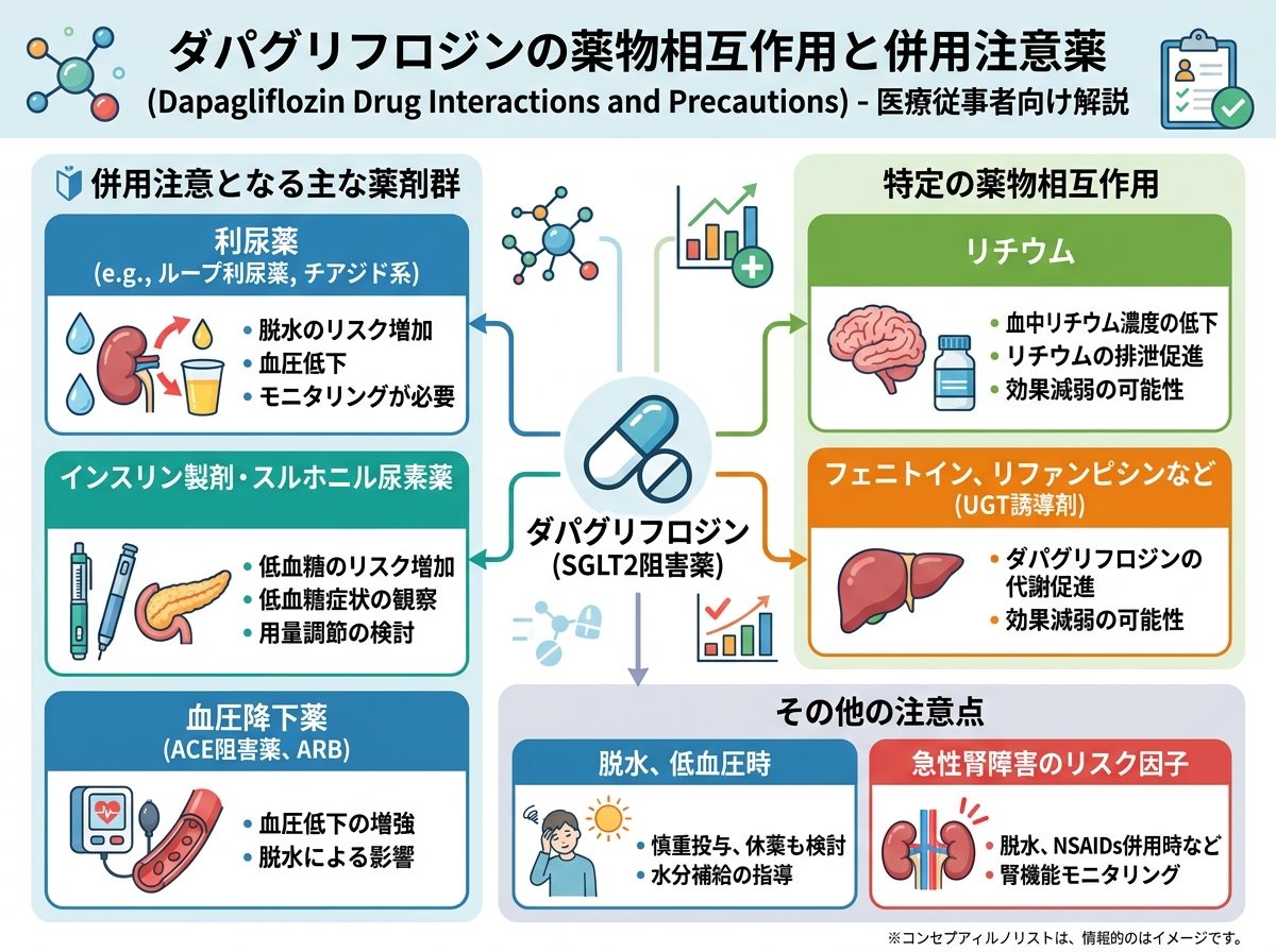 ダパグリフロジンの薬物相互作用と併用注意薬
